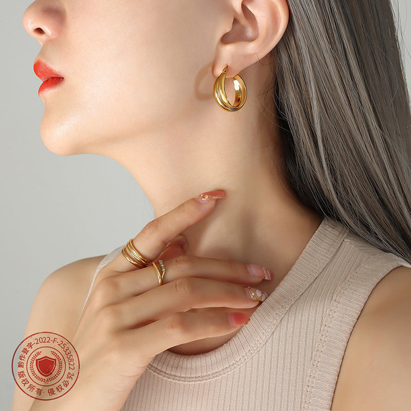 Wholesale Titanium Steel 18k Gold Plated Double Piece U Shape Earrings